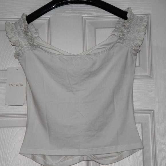 ESCADA White Stretch Cotton Blend Ruched Top On/Off Shoulder Italy Size EU 40 - Picture 6 of 10